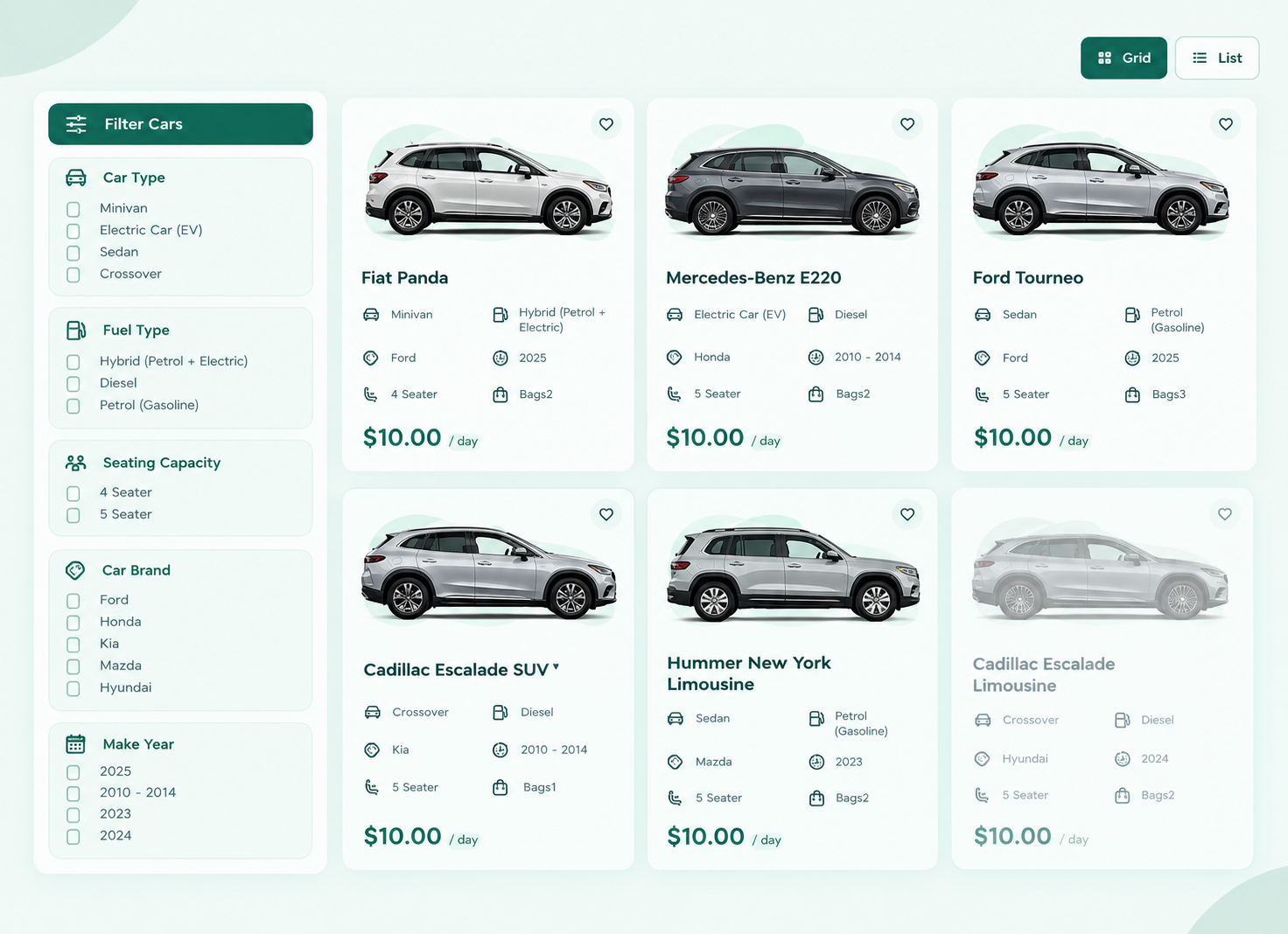 Browse available cars with filters for car type, fuel type, seating capacity, brand, and make year