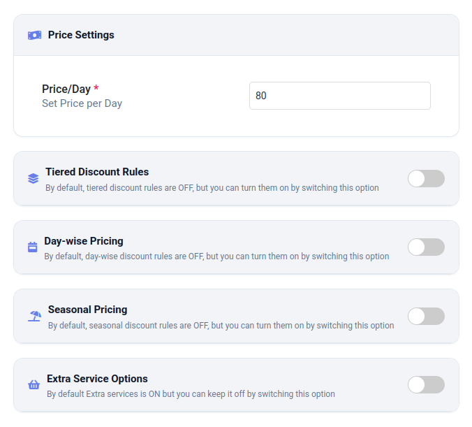 Car rental manager price settings screen showing price per day, tiered discounts, day-wise pricing, seasonal pricing, and extra service options