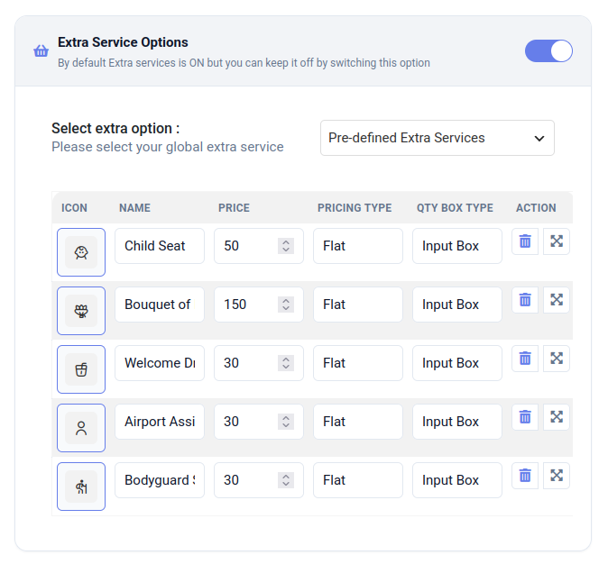 Extra Service Options settings showing global extra services table with icon, name, price, pricing type, and quantity box type for each service