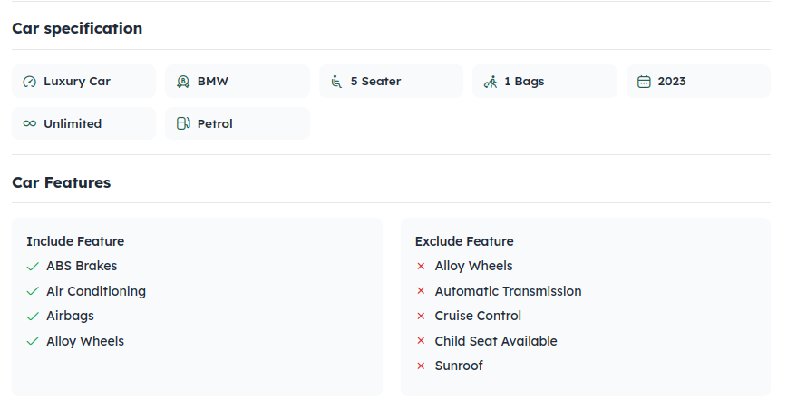 Car specification showing luxury car, BMW, 5 seater, 1 bag, 2023, unlimited mileage, petrol, with included and excluded car features