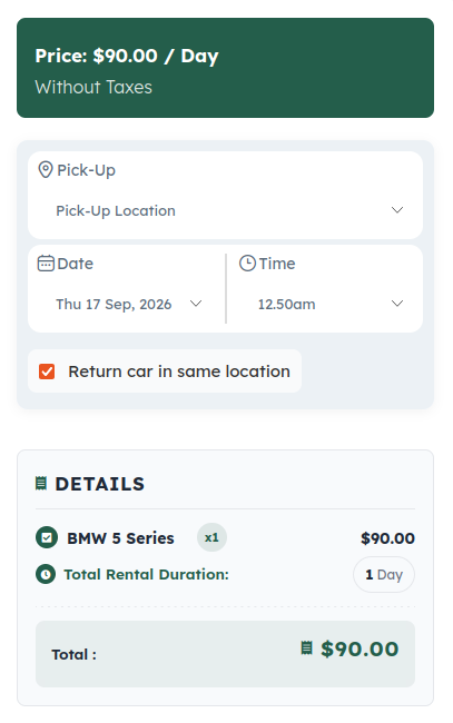 Booking widget showing price per day, pickup location, date and time, and order details with car, rental duration, and total